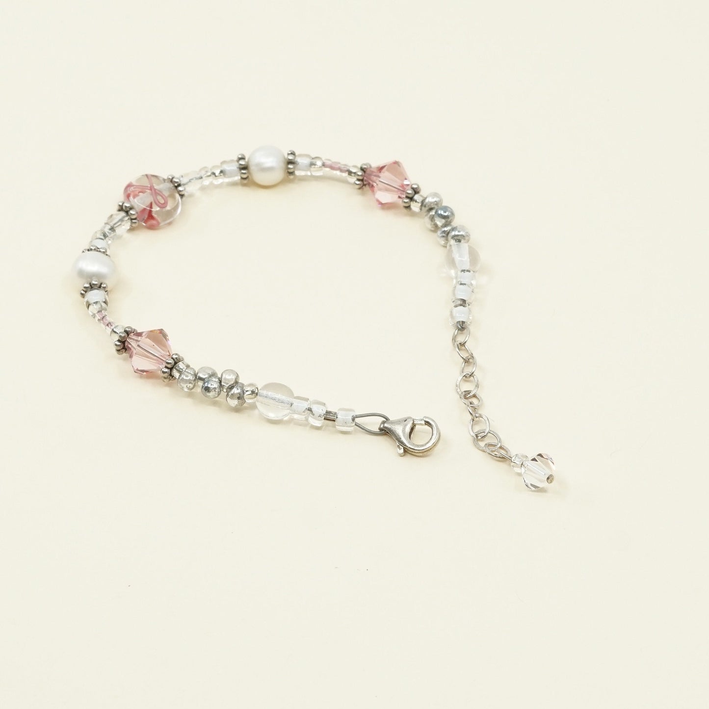 6.25”+1”, VTG Sterling silver handmade bracelet, pearl beads w/ pink crystal