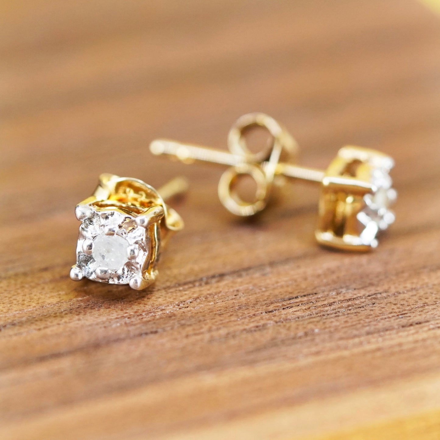 Vintage vermeil gold over Sterling silver earrings studs with genuine diamond