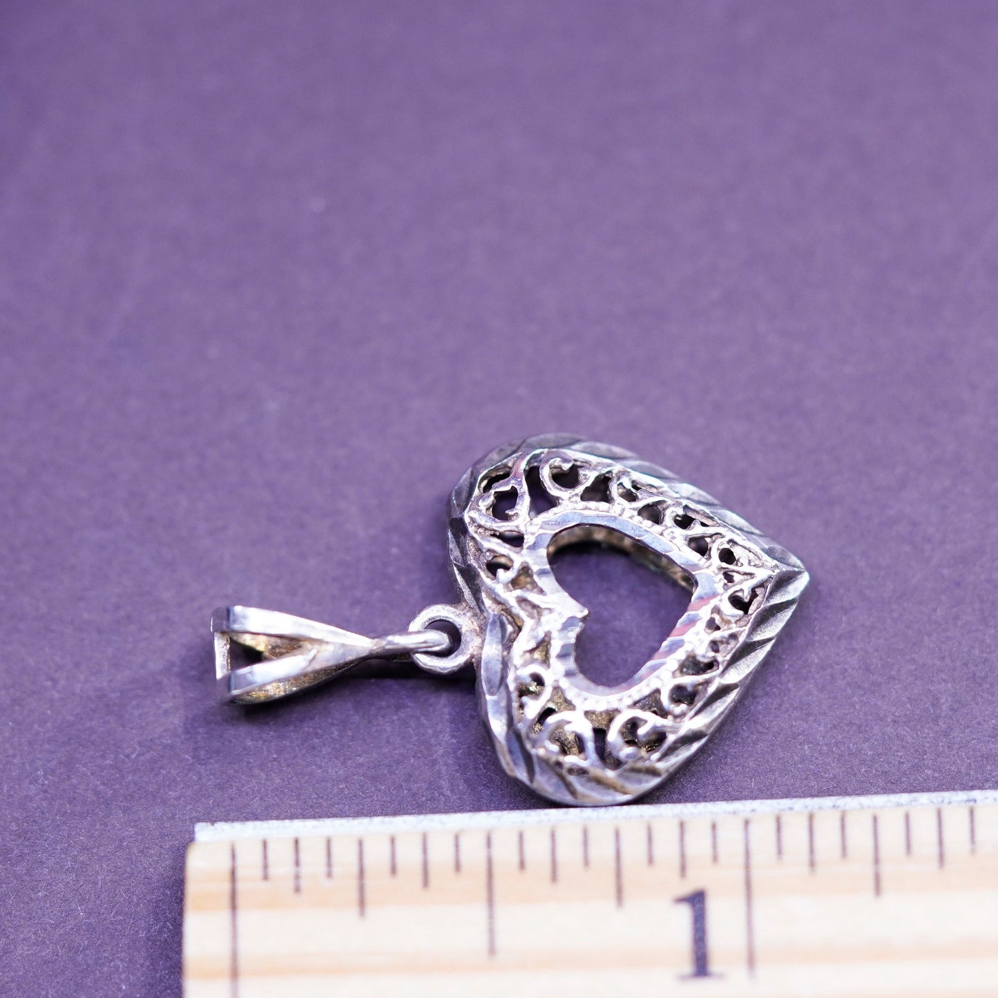 Vintage Sterling silver handmade pendant, 925 filigree puffy heart