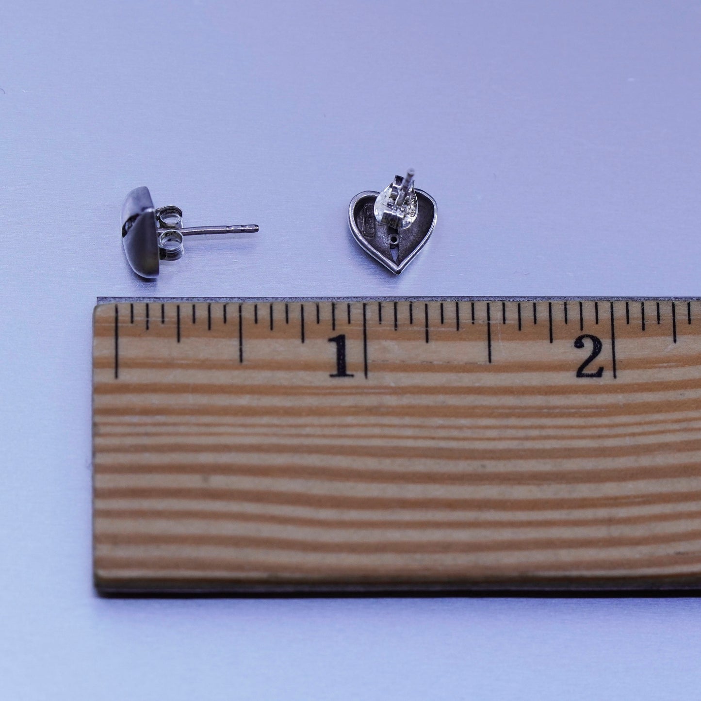 Vintage Sterling 925 silver handmade heart earrings, studs with diamond