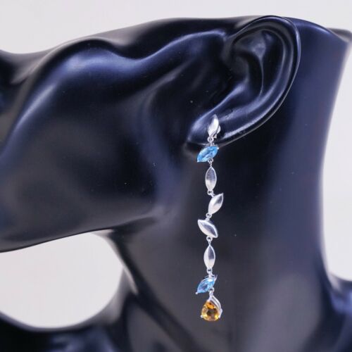 sterling silver handmade earrings, 925 Long Drops w/ teardrop blue topaz Citrine