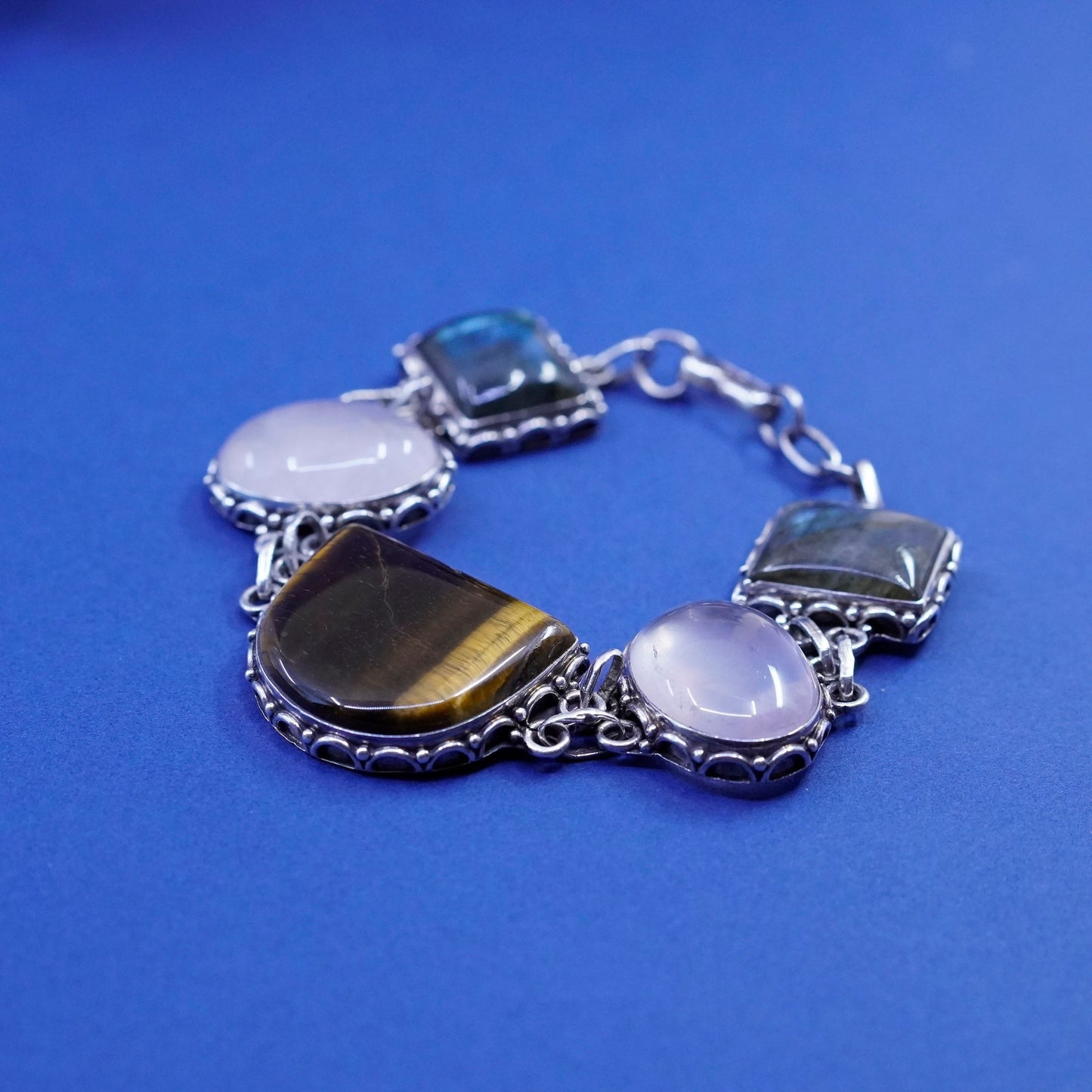 7.75”, sterling silver bracelet, 925 beads golden tiger eye quartz labradorite