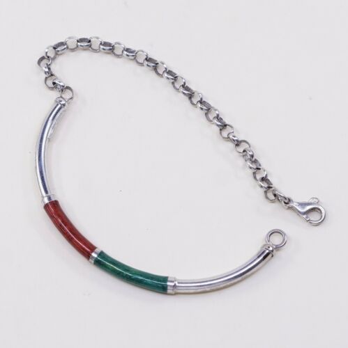 7.5”, Vintage Sterling Silver Handmade Bracelet, 925 Circle chain W/ Enamel Bar