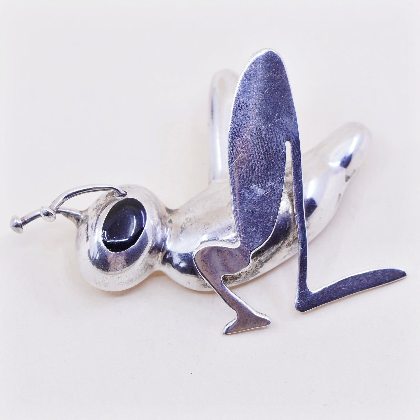 Vintage Sterling silver handmade brooch, Mexico 925 pin with cricket obsidian