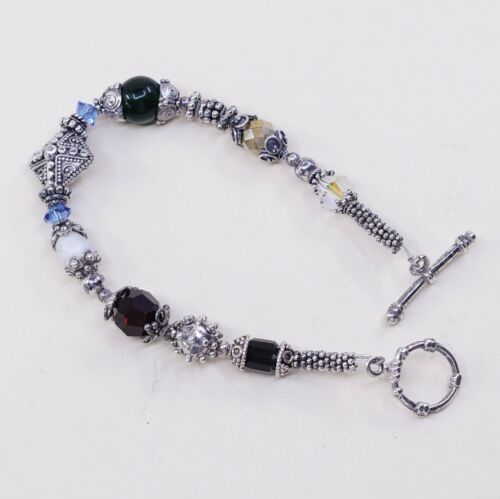 6.75” Vtg Sterling Silver Handmade Bead Bracelet, 925 Toggle n Swarovski Crystal
