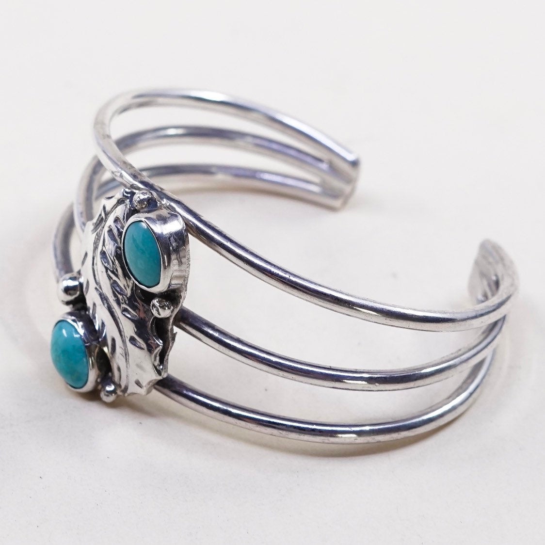 6", VTG Handmade Sterling 925 silver cuff w/ Blue Green Turquoise N leaf
