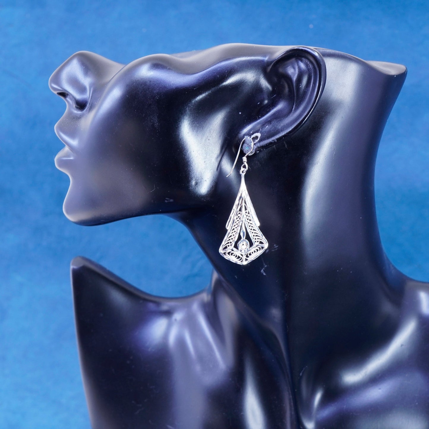 Vintage sterling silver handmade earrings, 925 filigree teardrop drop