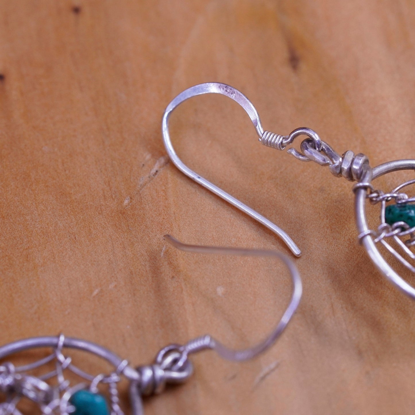 Vintage Sterling 925 silver handmade net earrings with turquoise and feather