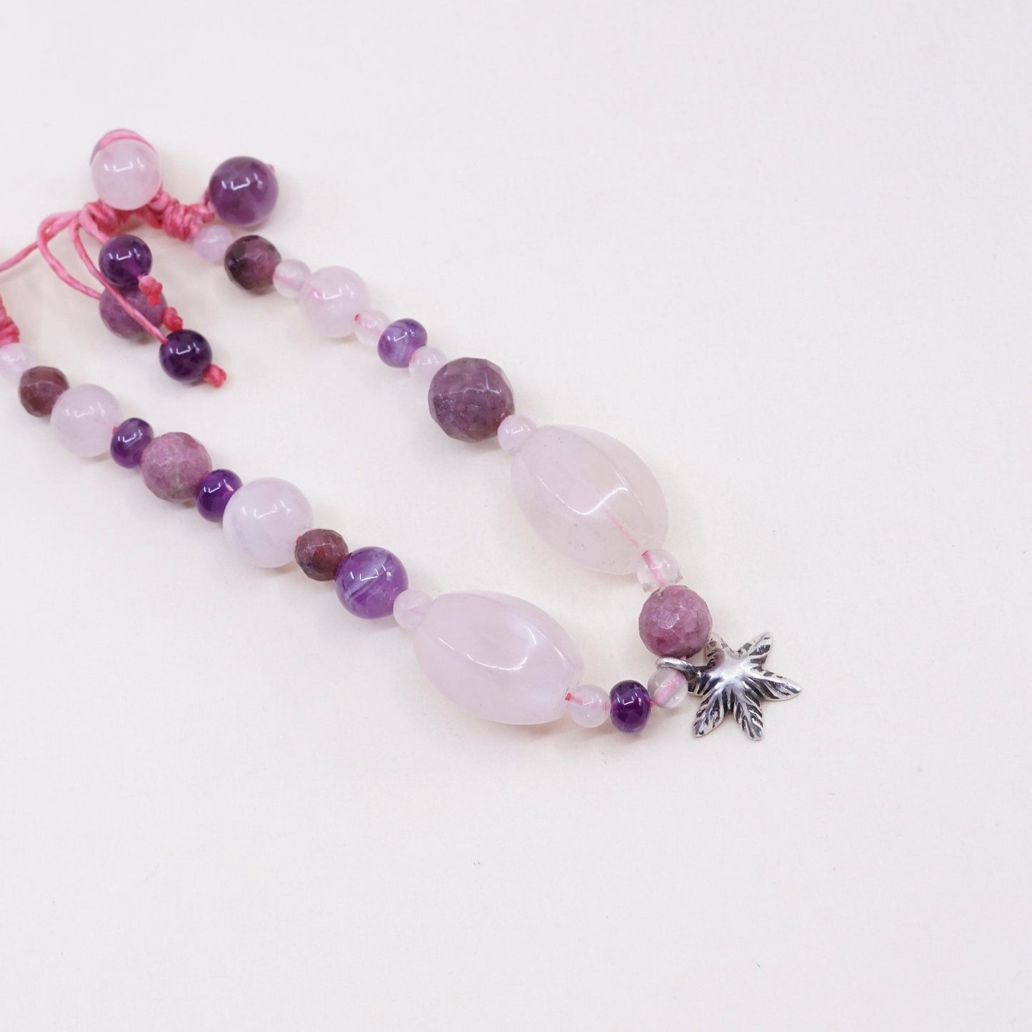 7.5”, Sterling silver handmade bracelet, 925 flower charm w/ rose quartz beads