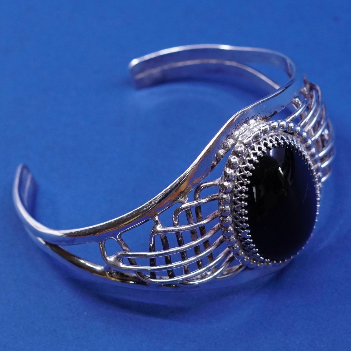 7.75", vtg sterling silver handmade bracelet, 925 filigree w/ obsidian