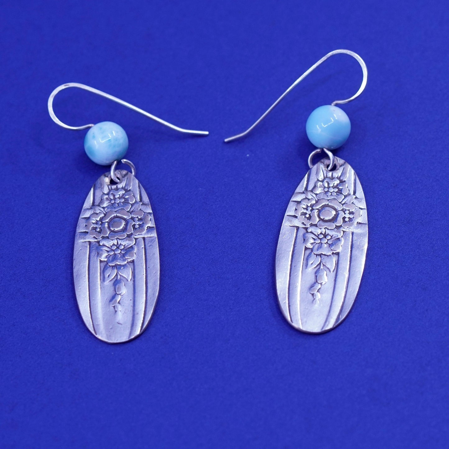 Vintage Sterling 925 silver handmade earrings with flatten spoon drops larimar
