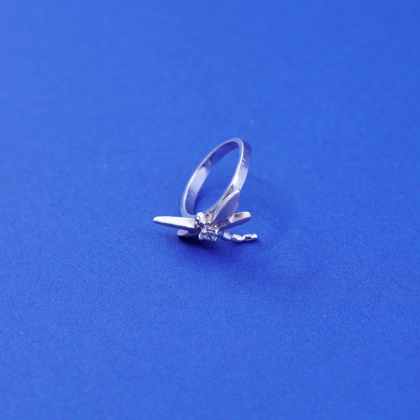 Size 4.5, vintage Sterling silver handmade ring, 925 dragonfly band with cz