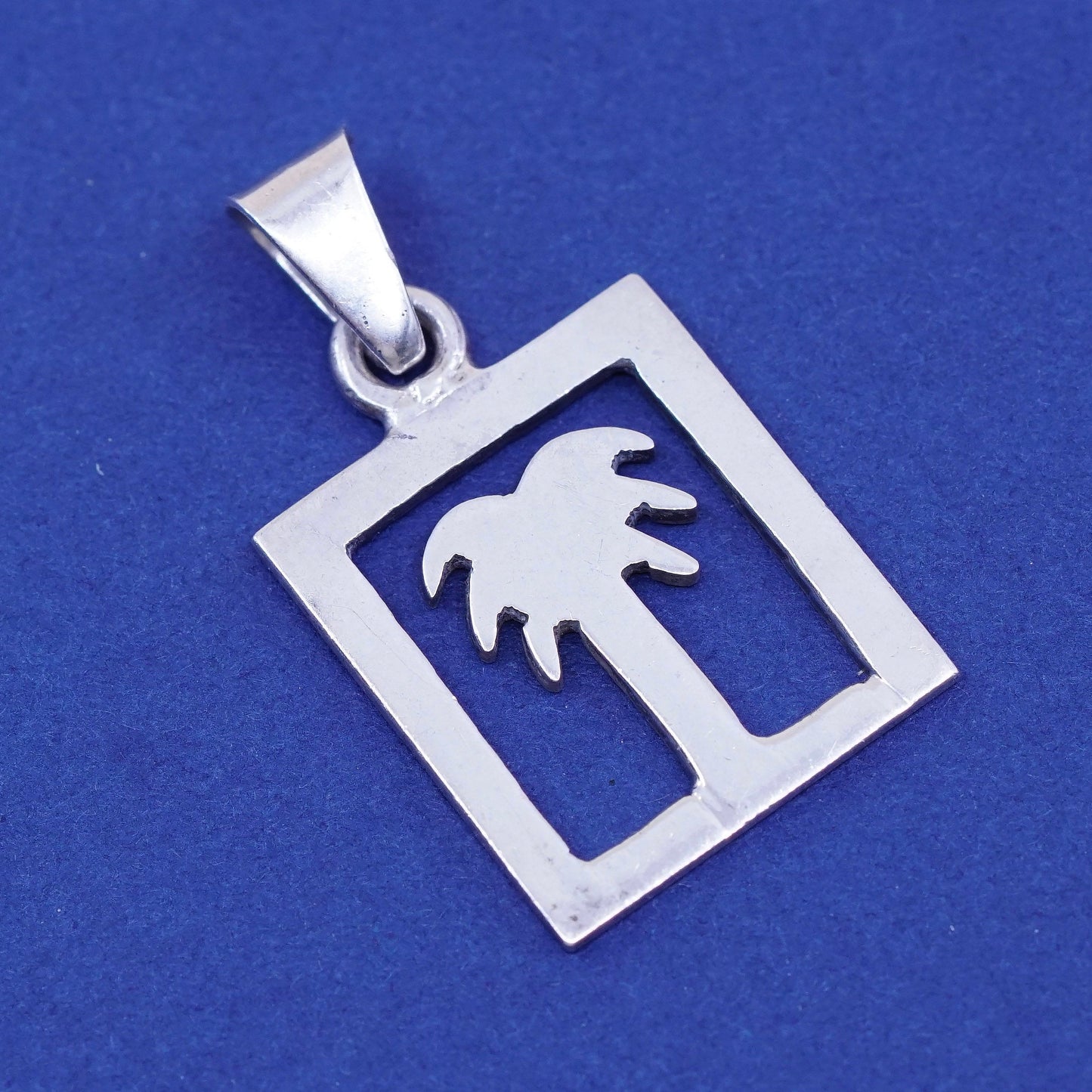 Vintage sterling silver handmade pendant, 925 square with palm tree
