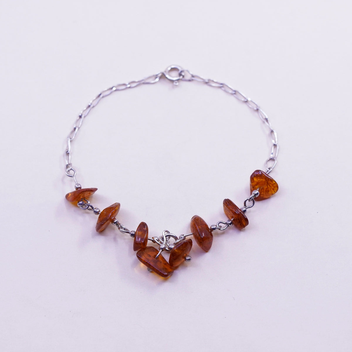 6.5”, Vintage sterling 925 silver handmade tennis bracelet with nugget amber