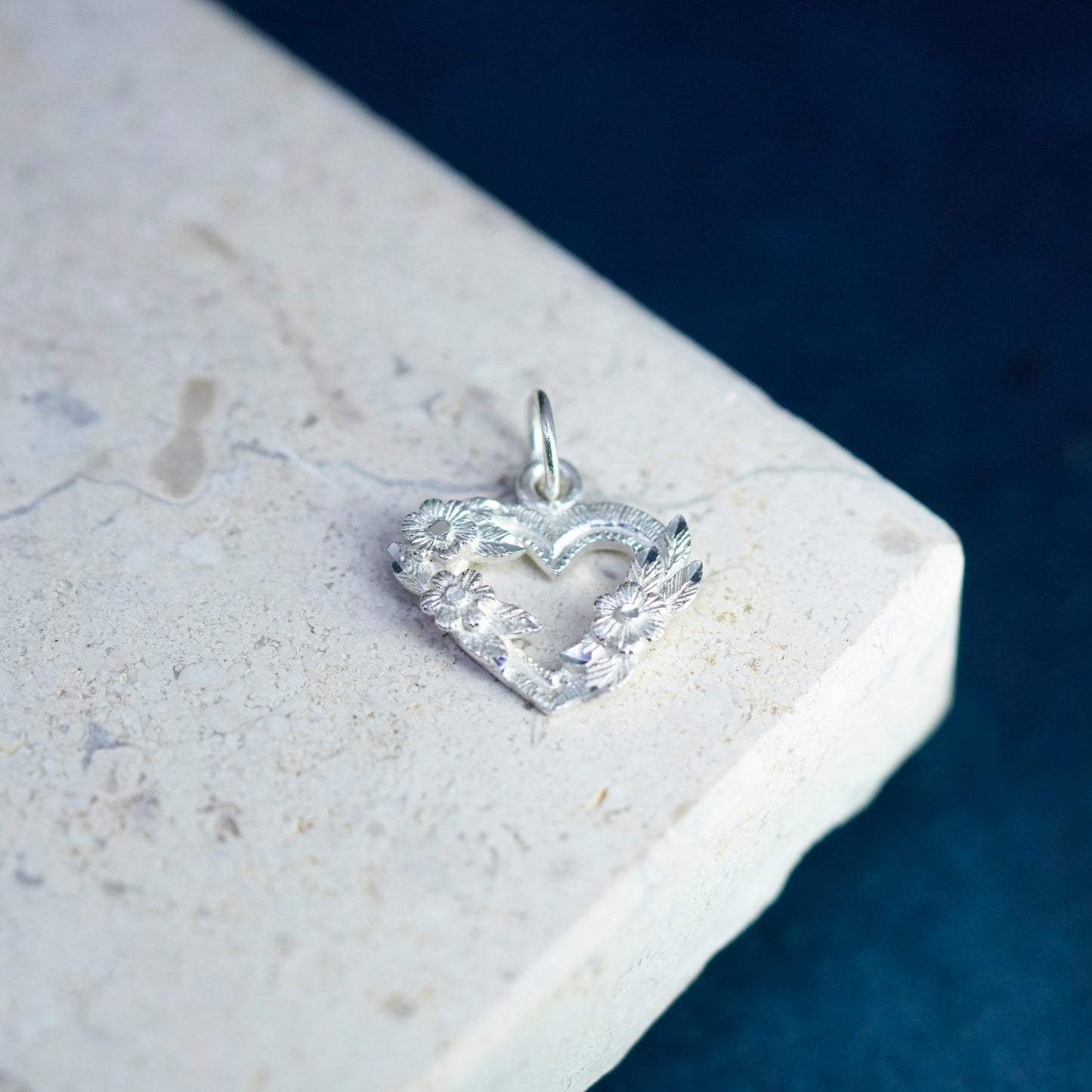 Vintage sterling silver handmade pendant, 925 floral textured heart charm