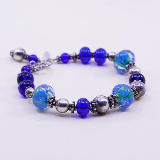 7.75”, vintage 925 Sterling silver bracelet with artisan blue glass beads