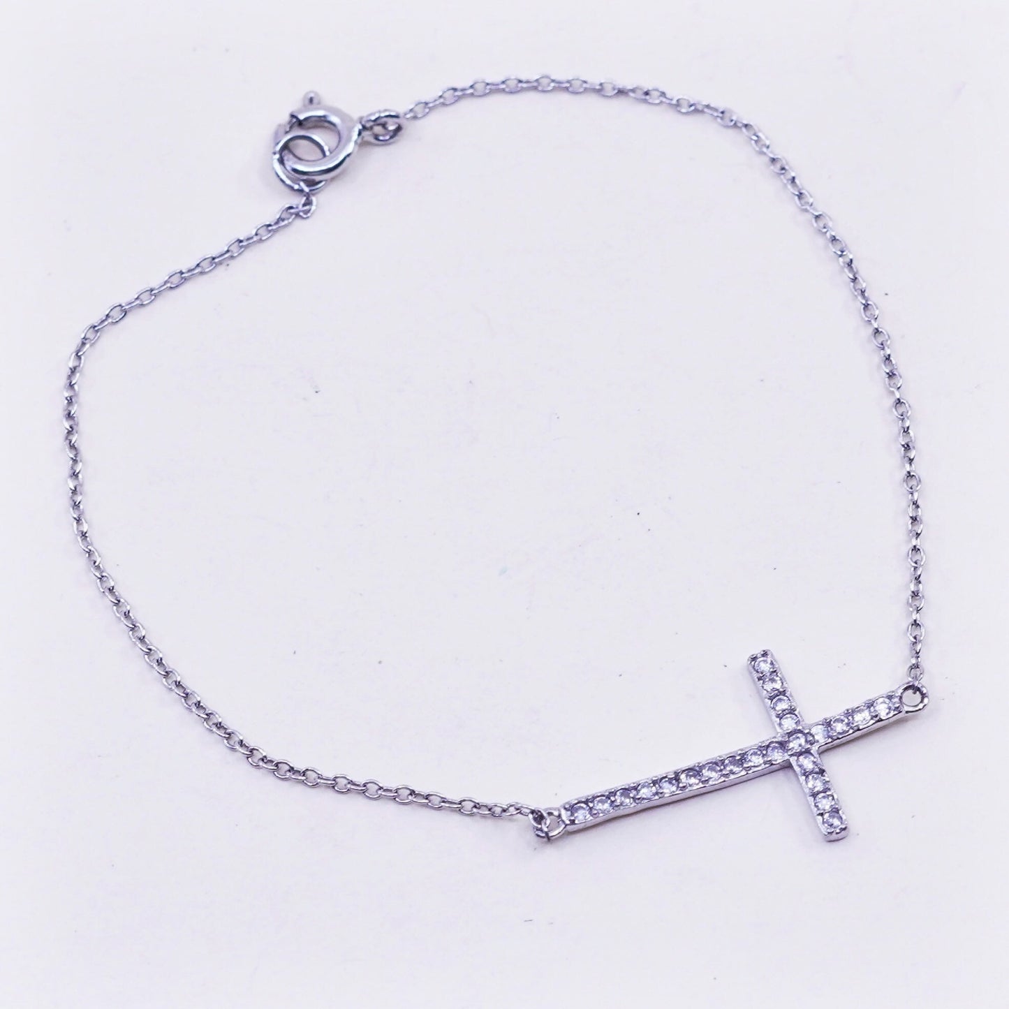 7”, Vintage sterling silver handmade bracelet, Italy 925 chain with cross Cz