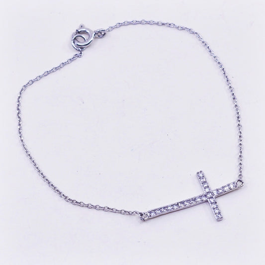 7”, Vintage sterling silver handmade bracelet, Italy 925 chain with cross Cz