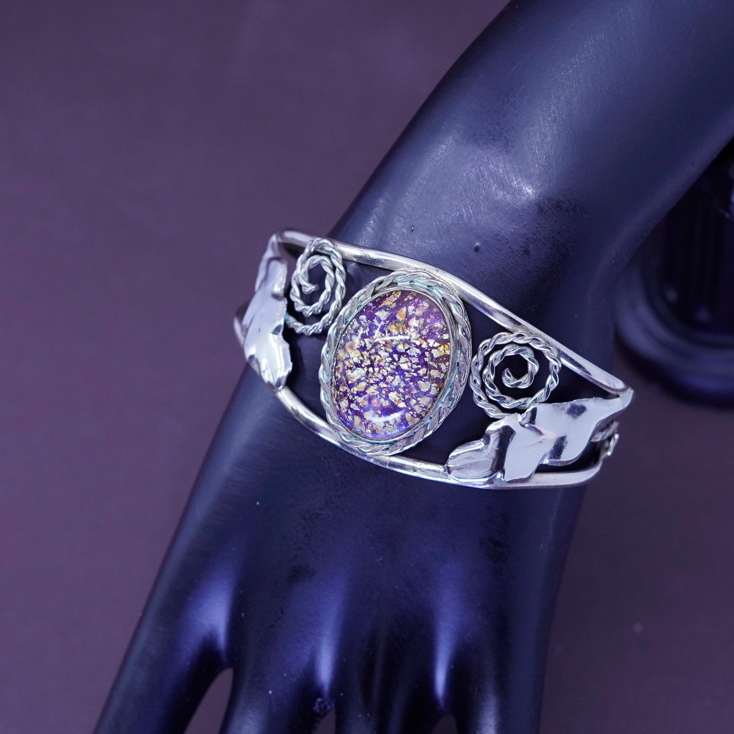 7”, Vintage Sterling silver handmade bracelet, 925 swirl cuff with golden glass