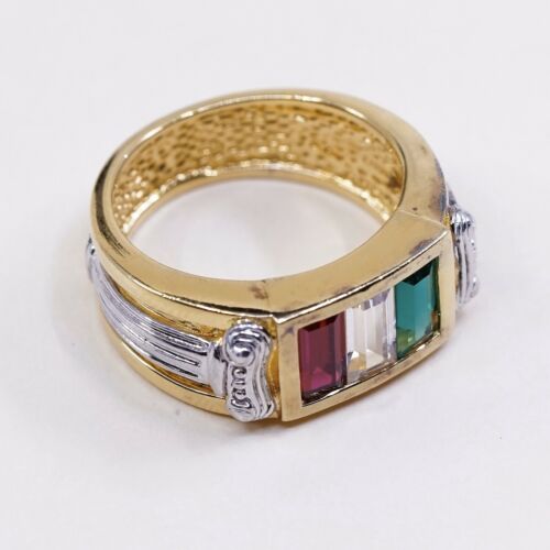 Sz 10.75, vermeil gold over Sterling Silver Ring, 925 Band W/ Lab Ruby N Peridot