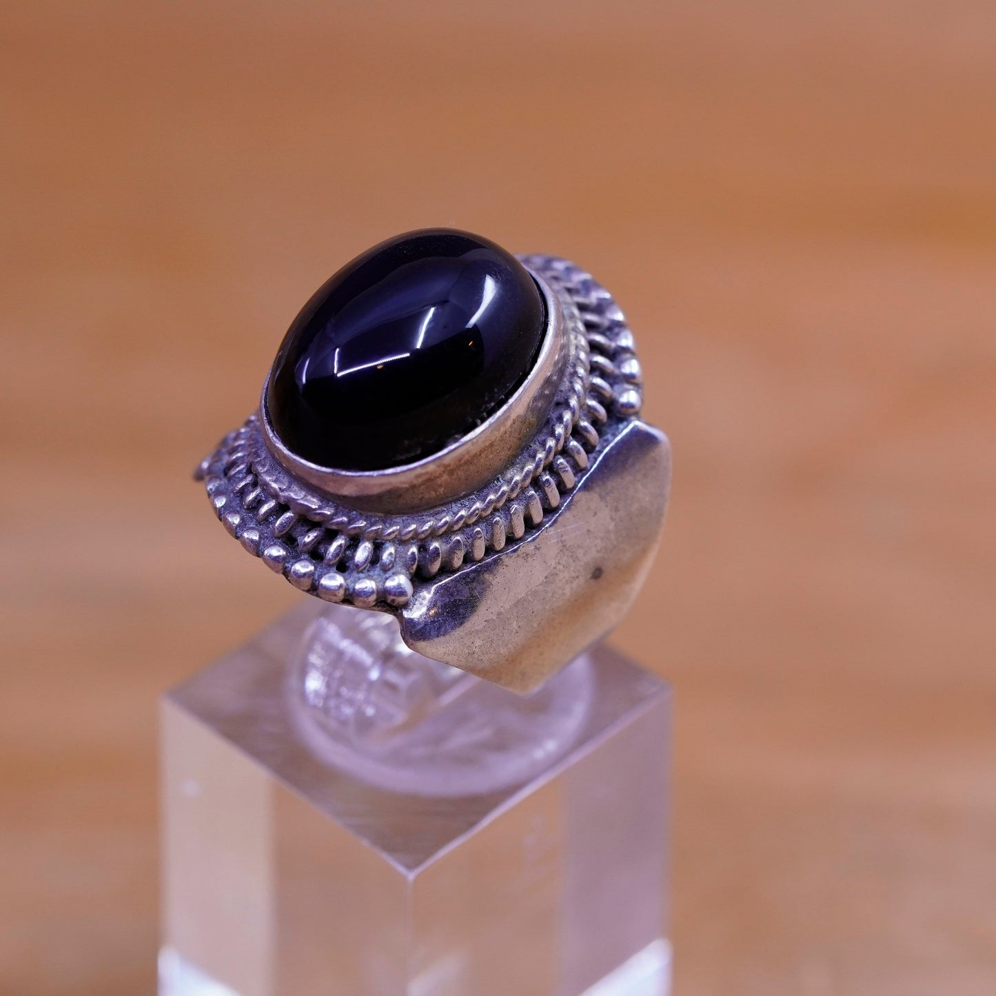 Size 7, vintage Sterling 925 silver handmade ring with oval obsidian and beads