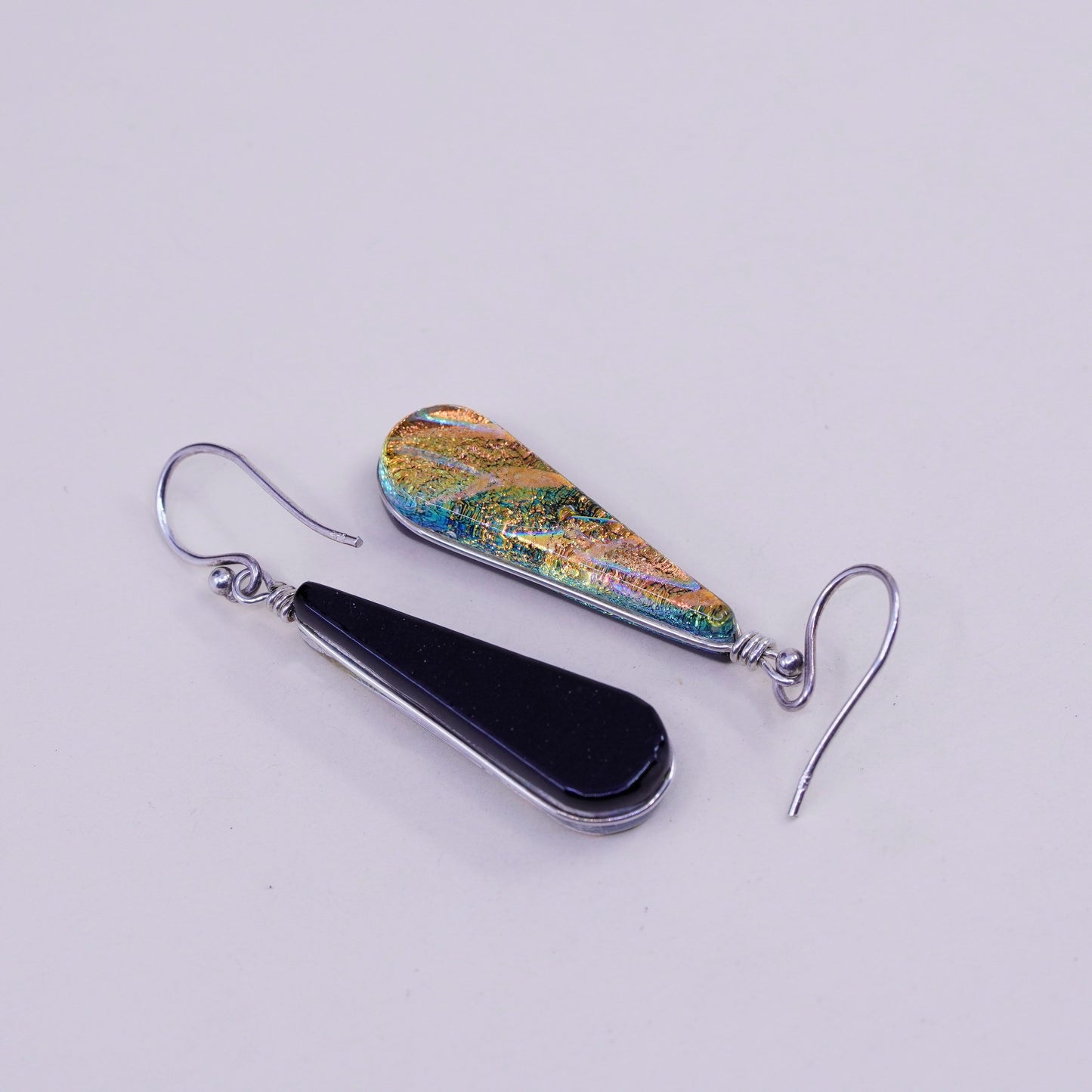Sterling 925 silver handmade earrings orange teardrop foiled artisan glass drop