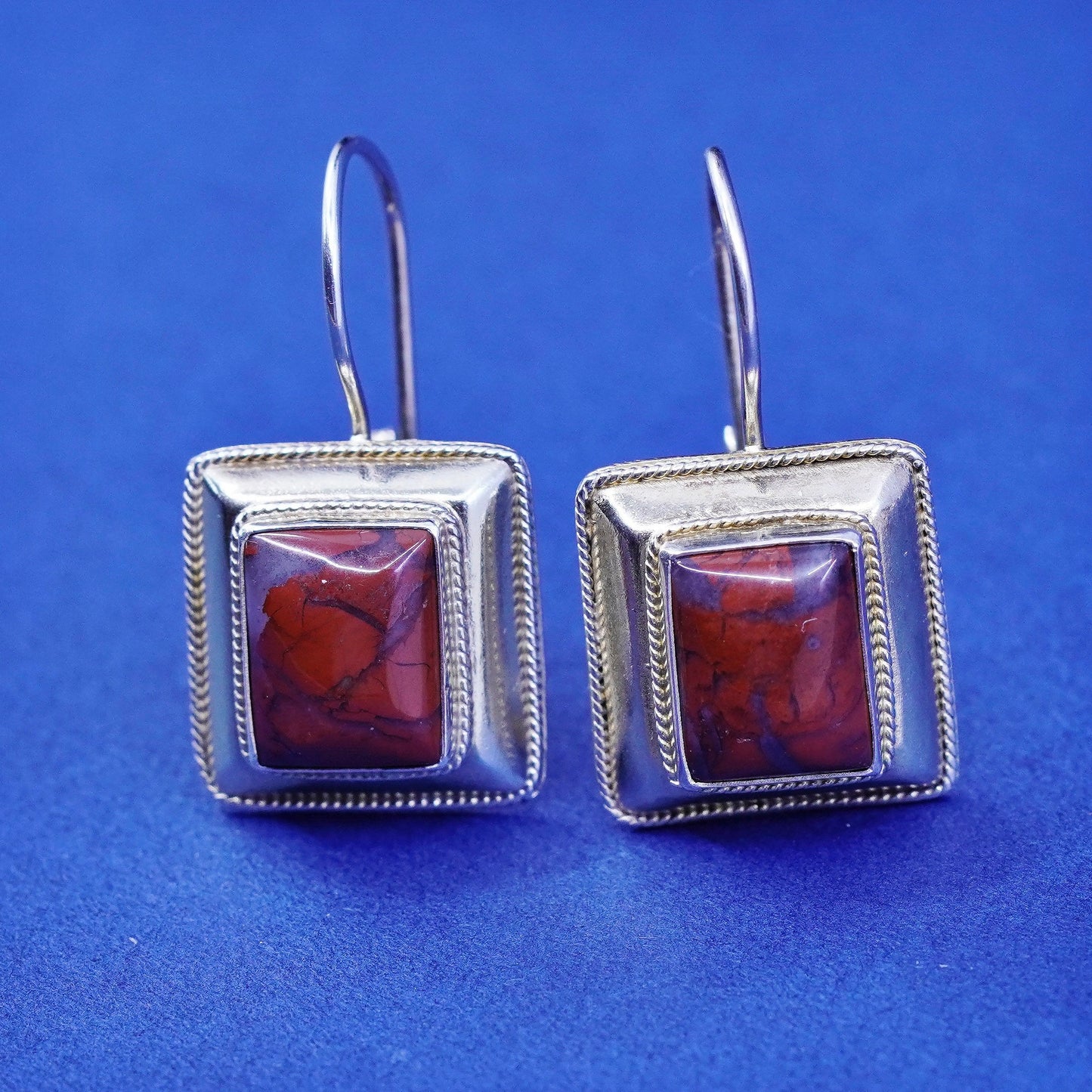 Vintage vermeil gold Sterling 925 silver handmade square earrings bloodstone
