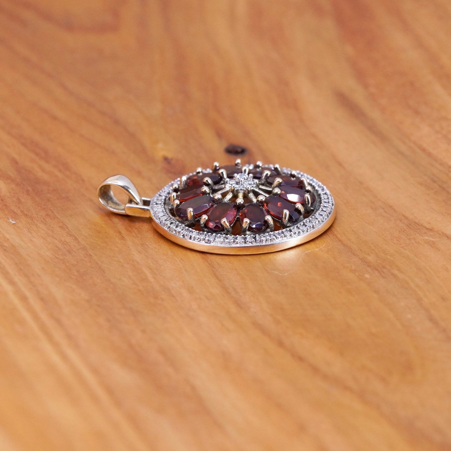 Vintage Sterling 925 silver handmade circle pendant with ruby and diamond