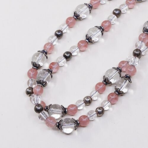 18”, Vtg Double Strands 925 Sterling Silver Pink Rose Quartz W/ Crystal Beads