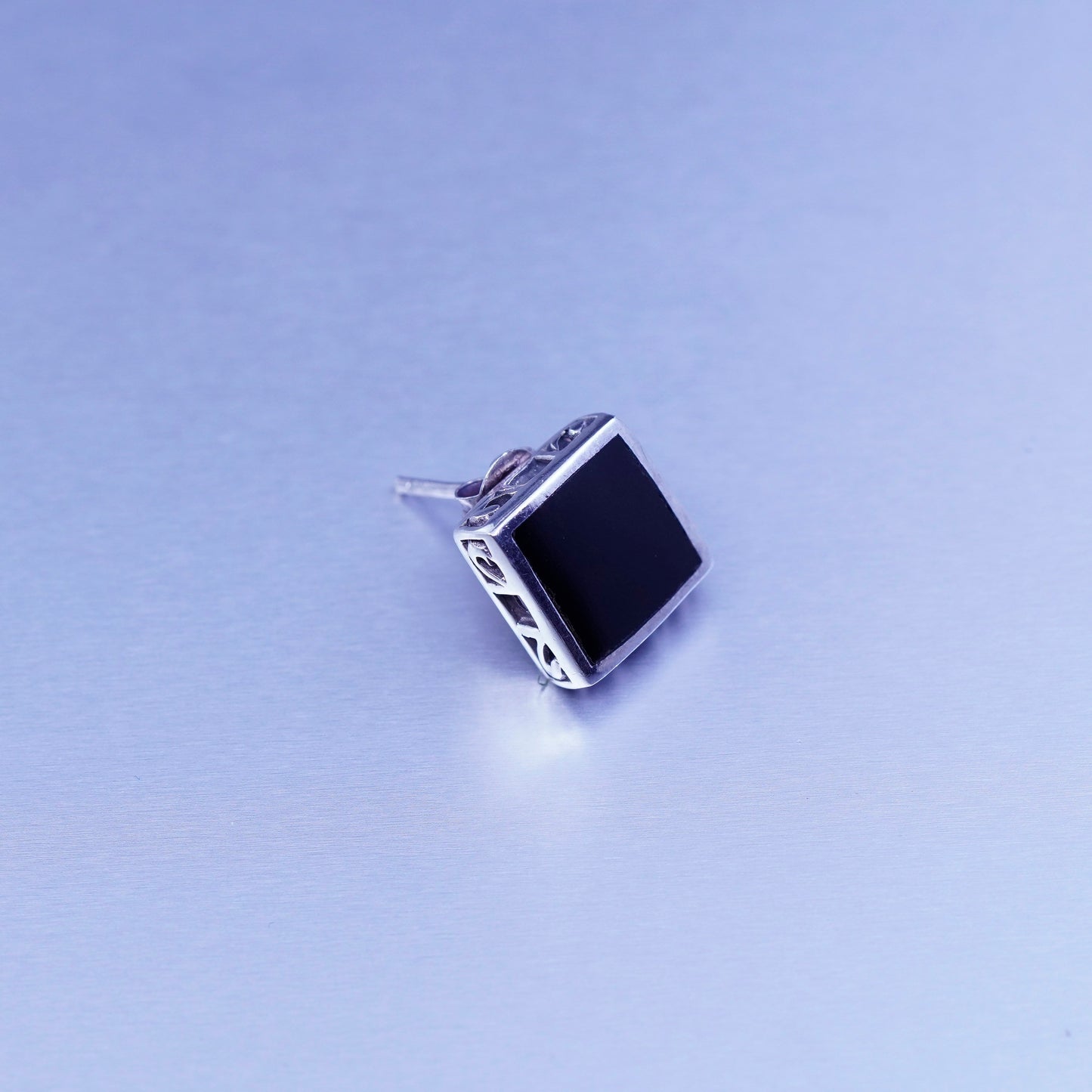 Sterling 925 silver handmade earrings, filigree textured square studs onyx