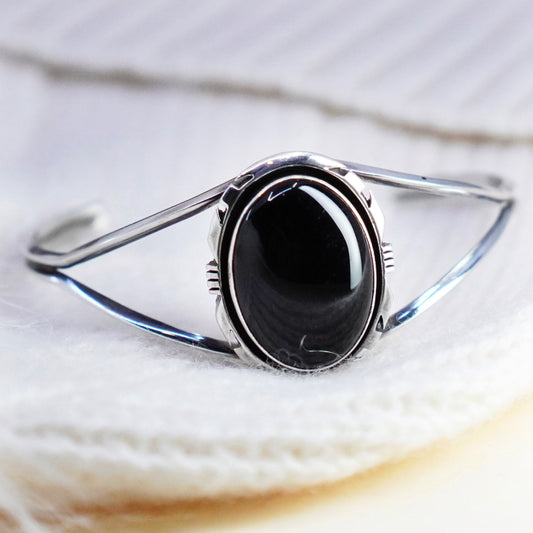 7”, VTG VHC Native American sterling silver double strands cuff bracelet onyx