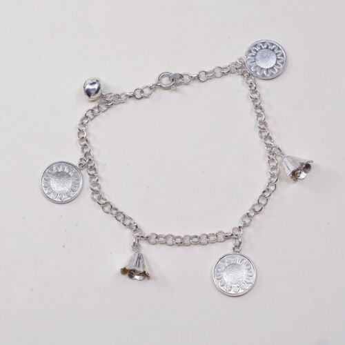 6.75”, 3mm, Vtg Sterling Silver Bracelet 925 Circle Chain W/ Sunflower N Chime