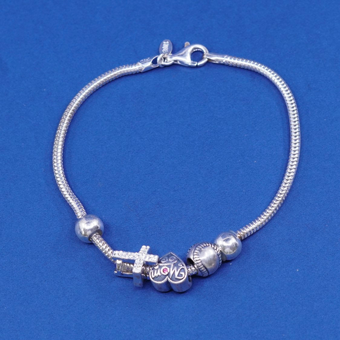 8.5", Sterling silver bracelet, italy 925 snake chain mom baseball cross charms