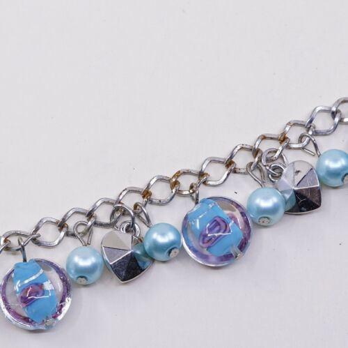 7.5”, Vtg Antique Silver Tone Handmade Bracelet W/ Blue Pear N Foiled Glass