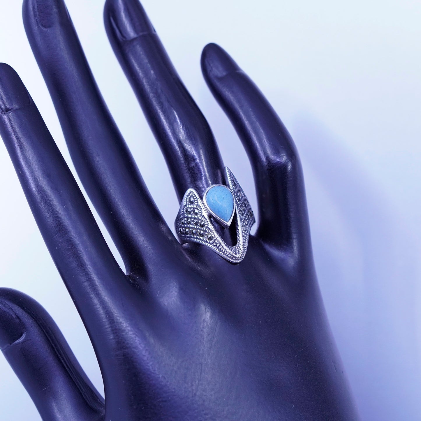 Size 8 southwestern Sterling 925 silver ring, band teardrop turquoise marcasite