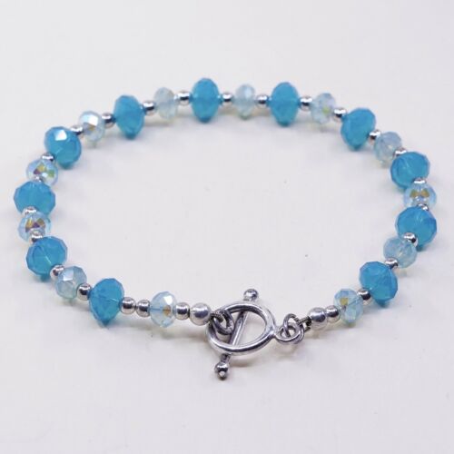 7.5”, Mexico Sterling 925 Silver Handmade Bead Bracelet, Blue Crystal beads