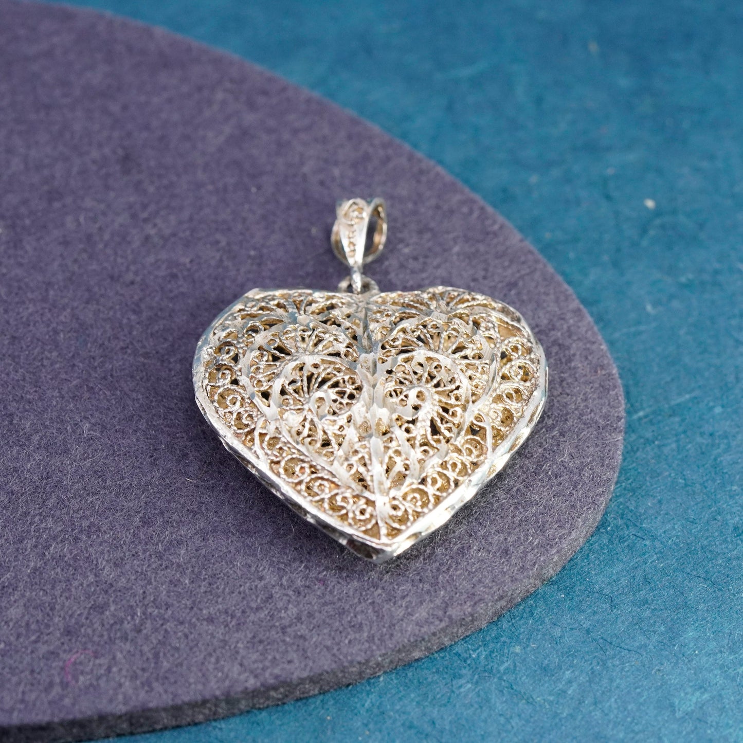 Vintage Sterling silver handmade pendant, 925 puffy filigree heart