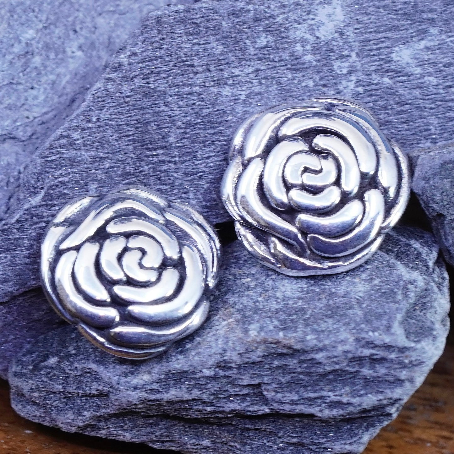 Vintage Sterling silver handmade earrings, 925 rose flower studs