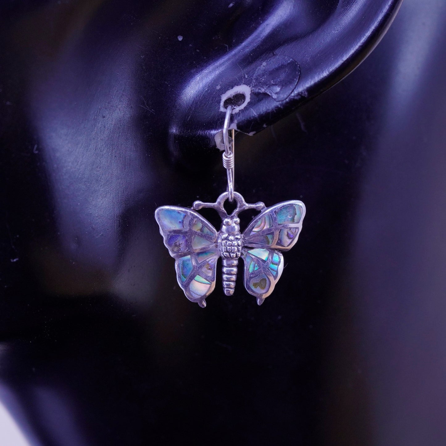 Vintage Sterling 925 silver handmade earrings with butterfly abalone