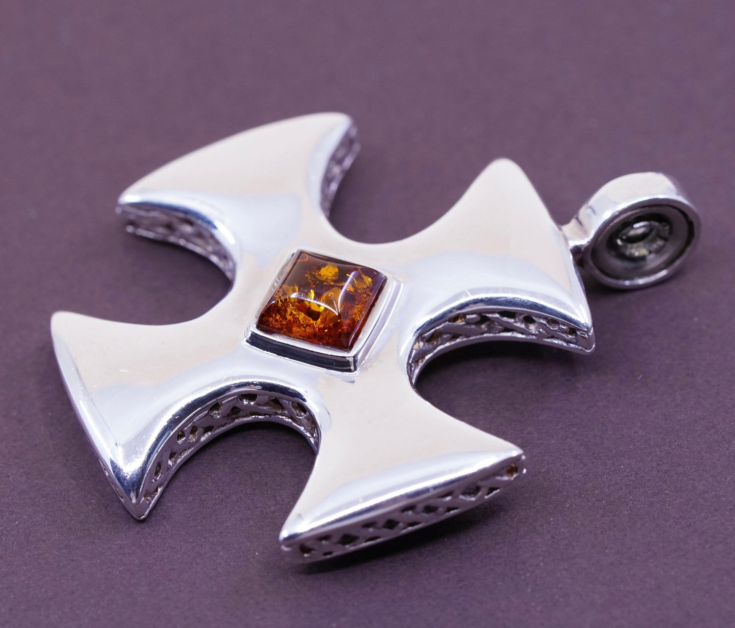 vtg ESPO Sterling silver pendant, 925 Jerusalem cross with filigree and amber