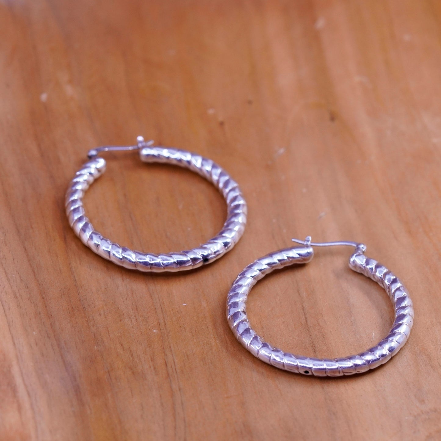 1.5”, vintage Sterling silver handmade earrings, bold 925 textured hoops
