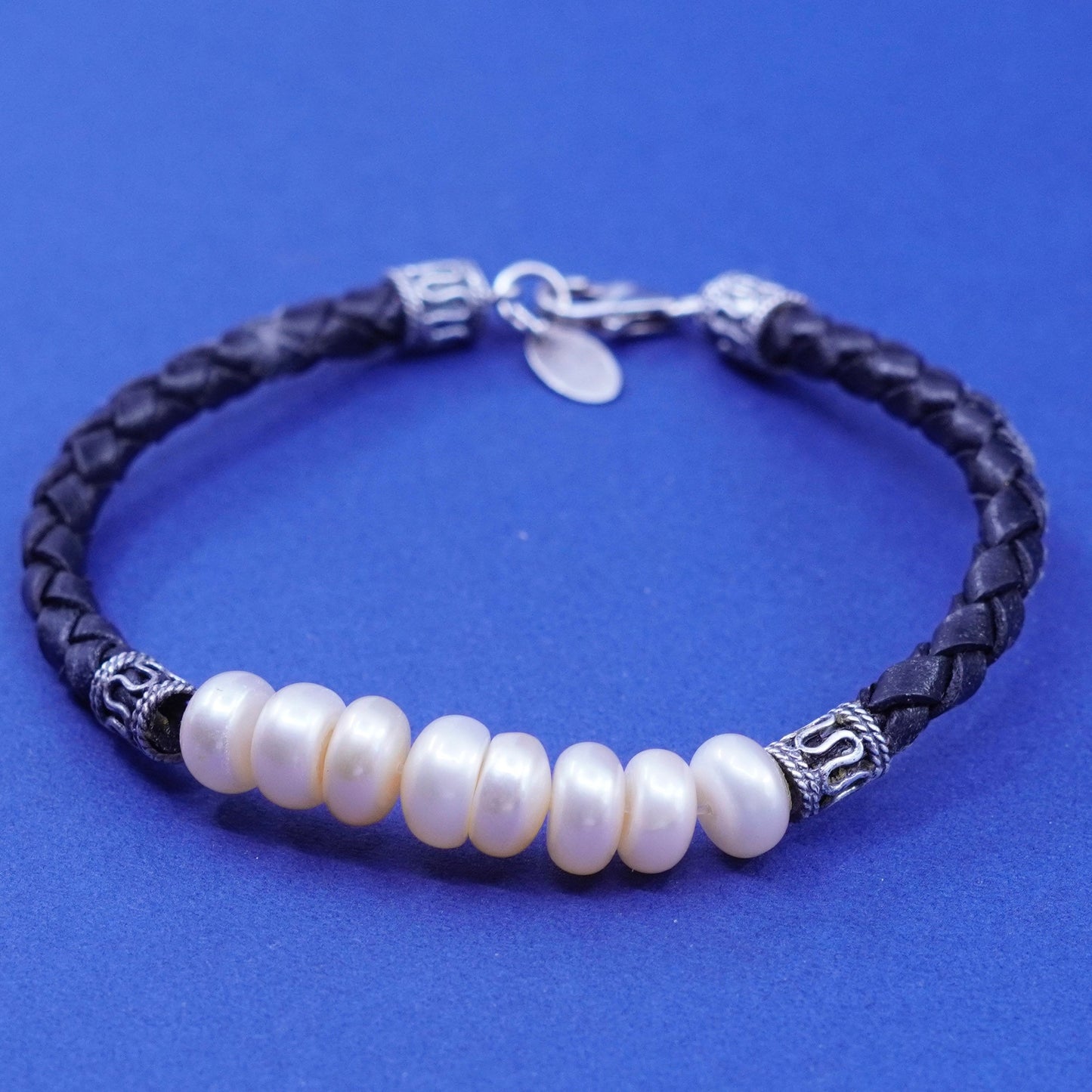 6.75”, Sterling silver handmade bracelet, 925 bangle with black leather pearl