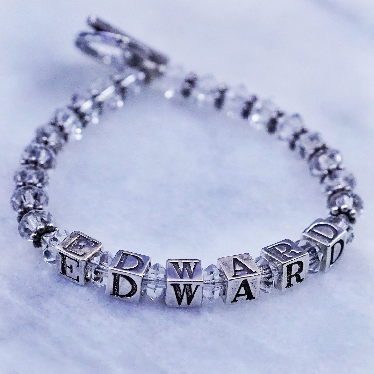 6.75”, Sterling silver handmade name “Edward” cube bracelet with crystal beads