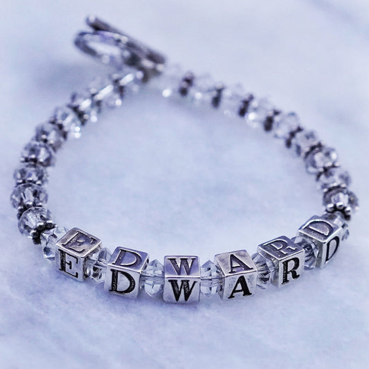 6.75”, Sterling silver handmade name “Edward” cube bracelet with crystal beads