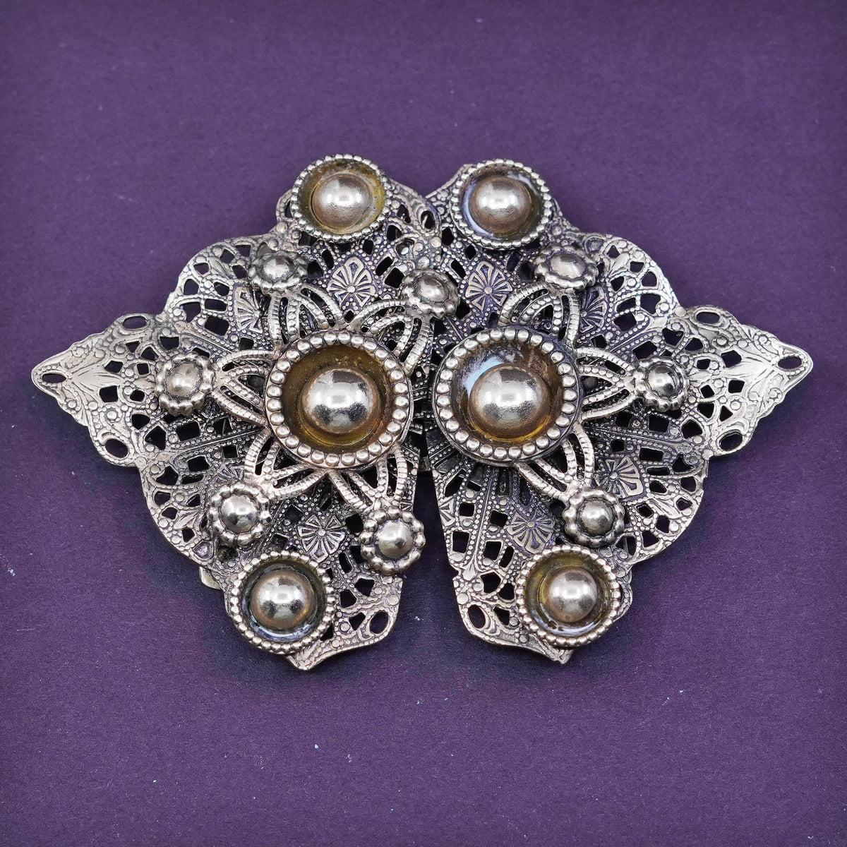 Vintage gold tone filigree belt buckle with beads