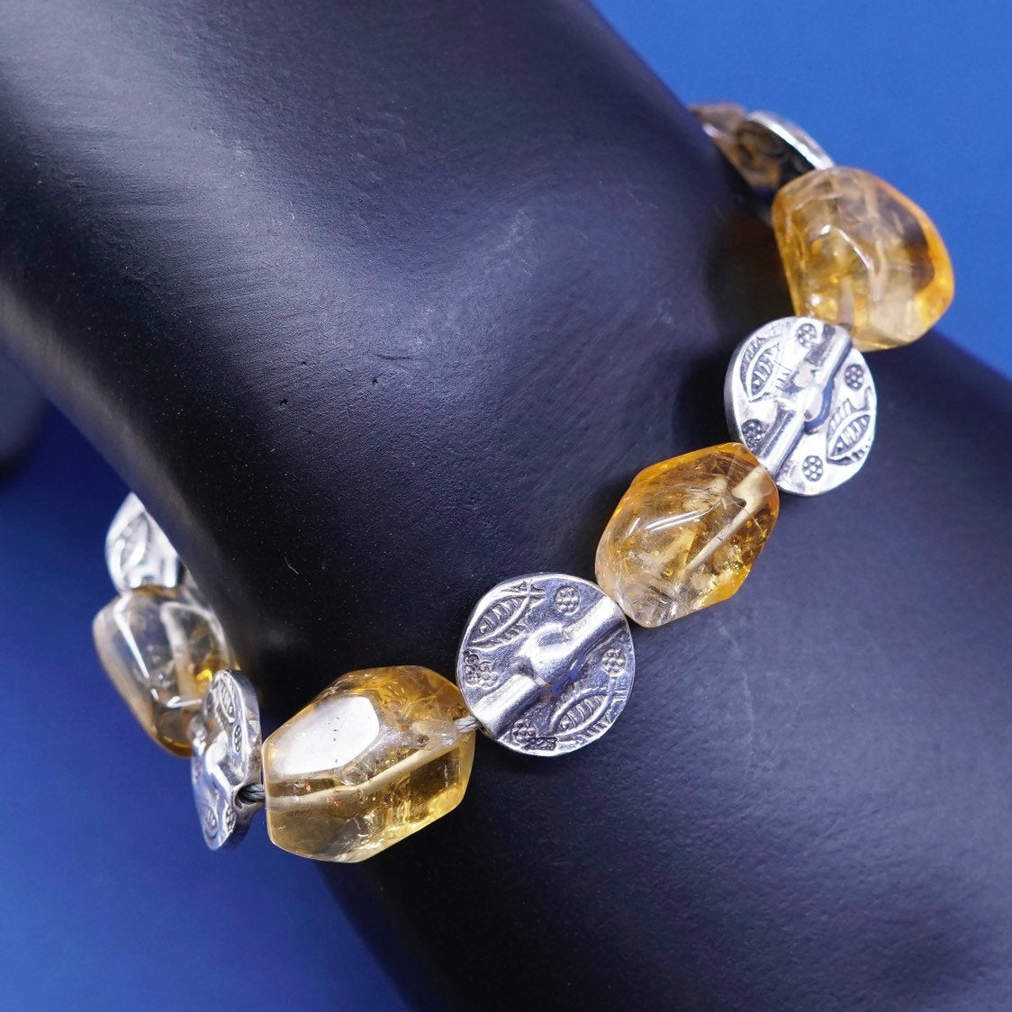 7.5", vtg Sterling silver handmade bracelet, 925 w/ citrine, stamped 925