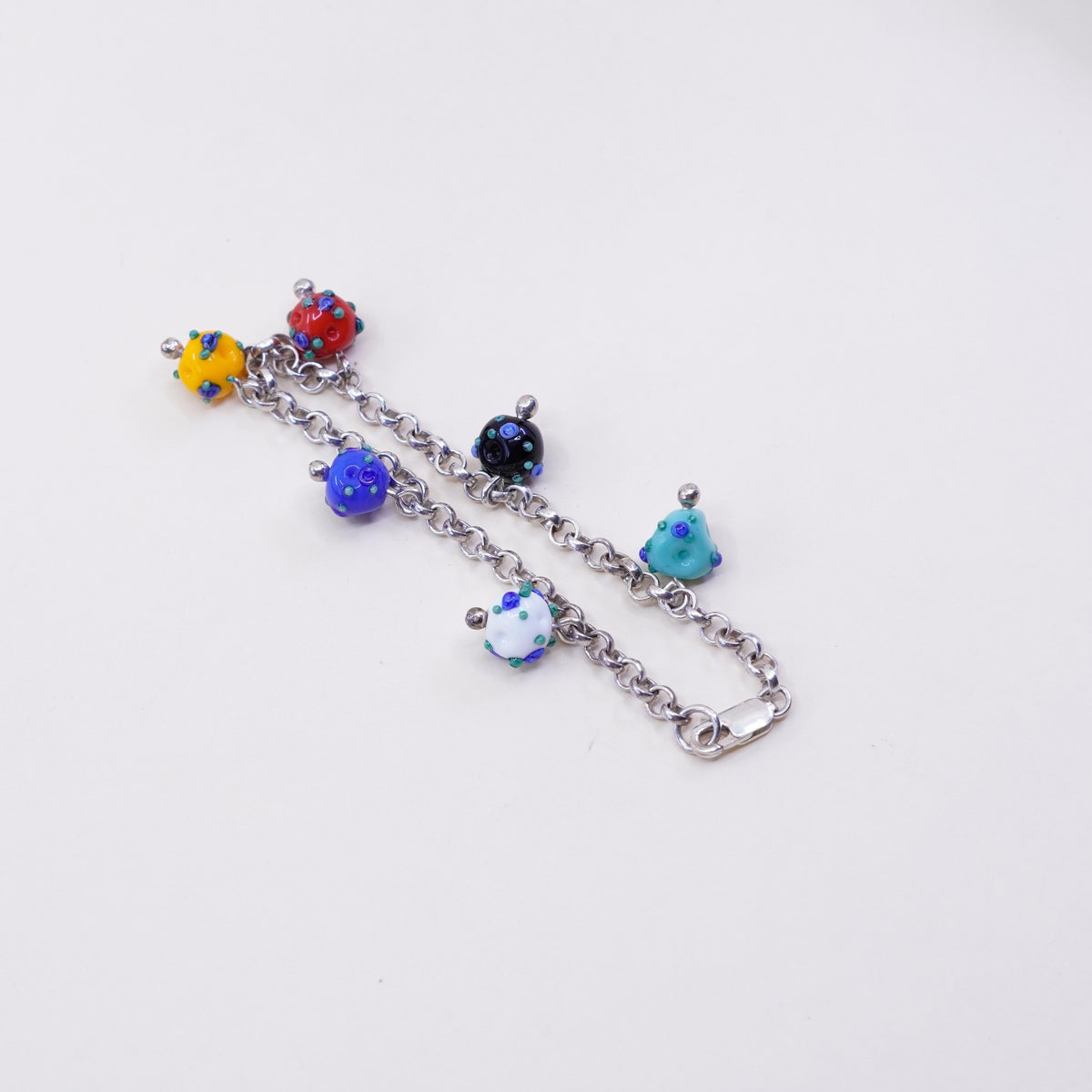 7.25”, 925 Sterling silver circle bracelet w/ artisan colorful glass beads