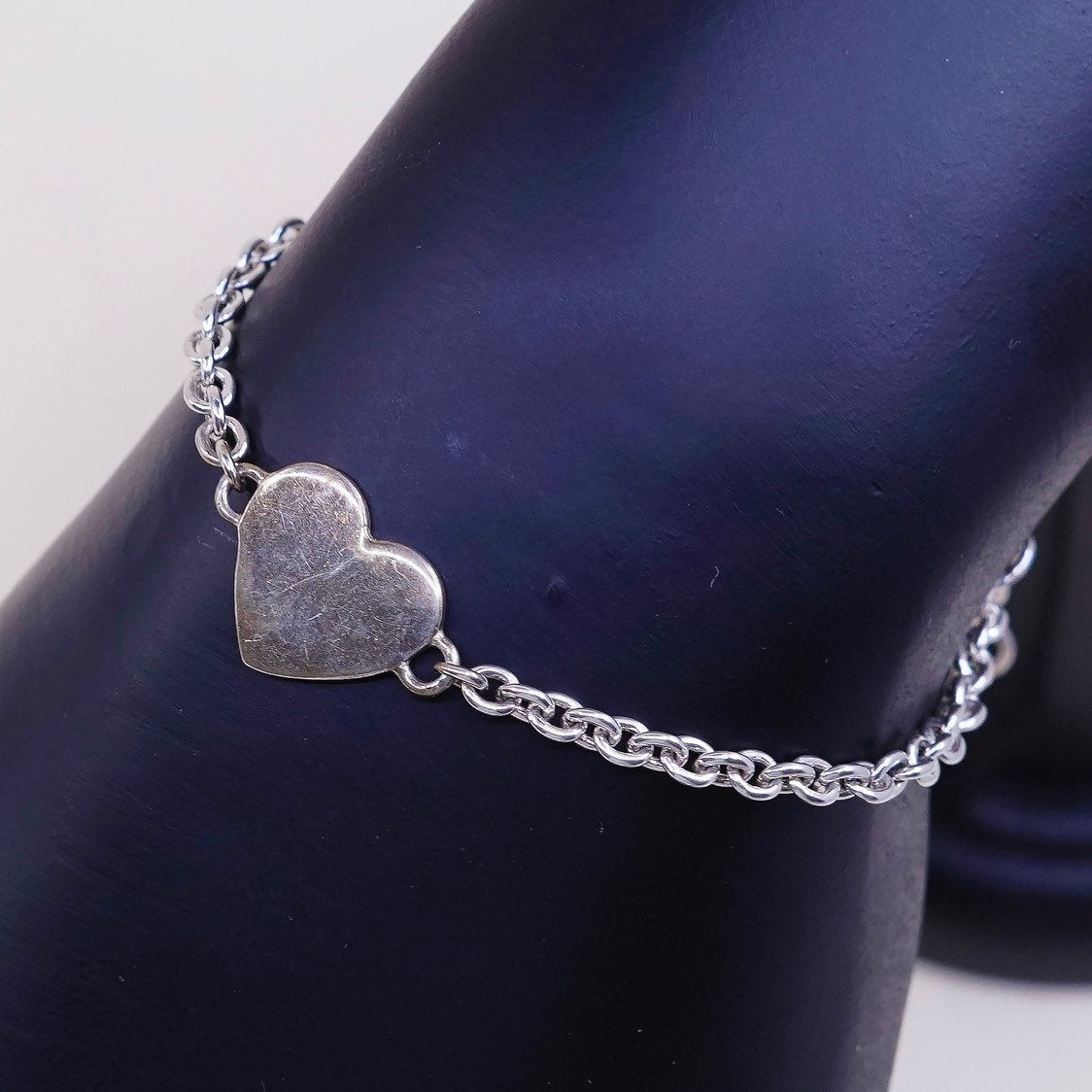6.25”, 2mm, VTG sterling silver handmade bracelet, Circle w/ heart charm