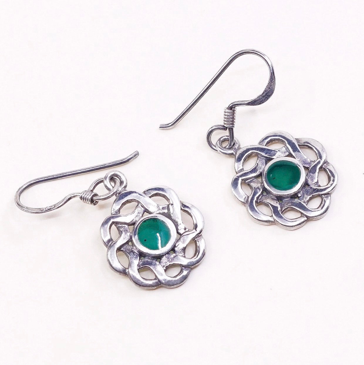 Irish Sterling silver handmade earrings, 925 whirl waves dangles n jade