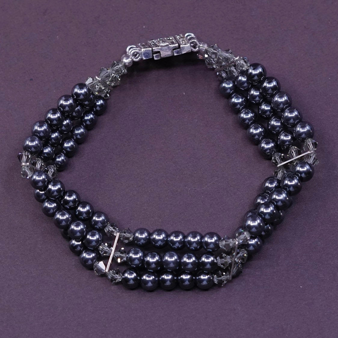 7” 1960s sterling 925 silver handmade bracelet, hematite marcasite